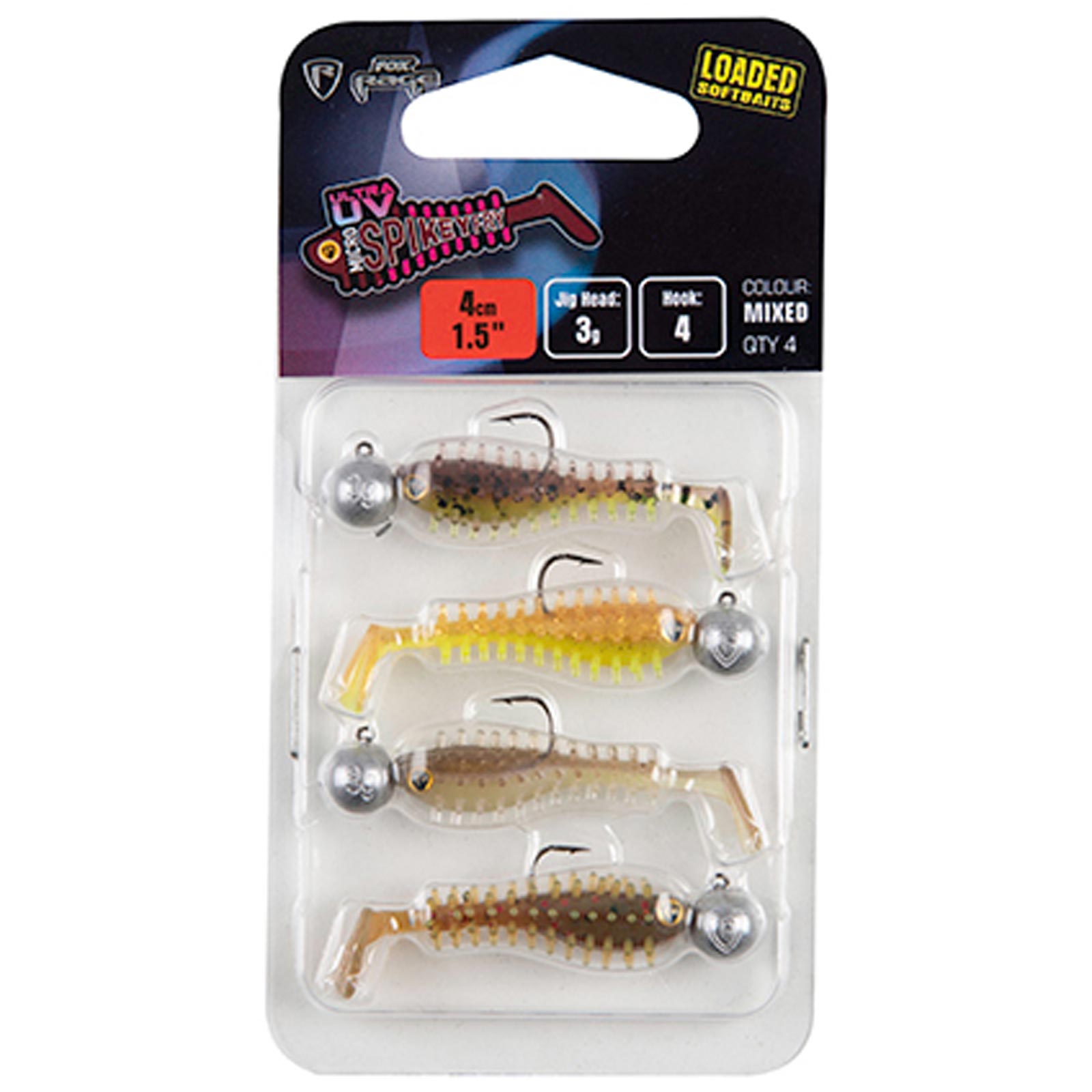 Fox Rage Micro Spikey 4cm Loaded UV Mixed Colour Pack X4 Gummifisch Set