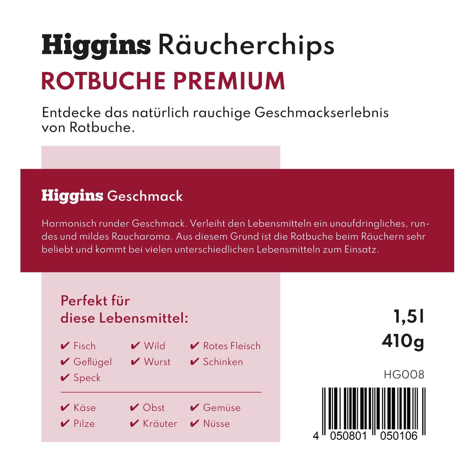 Higgins Räucherchips – Rotbuche Premium Etikett