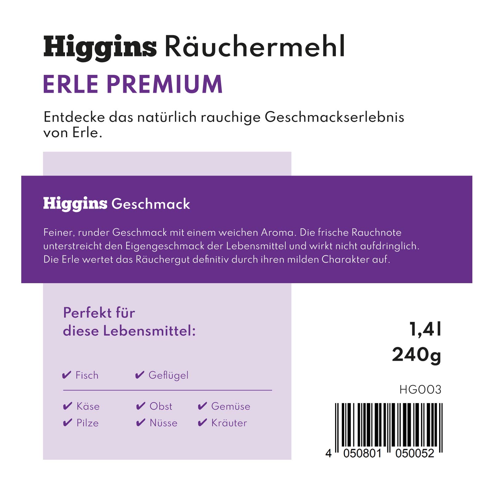 Higgins Räuchermehl – Erle Premium Etikett