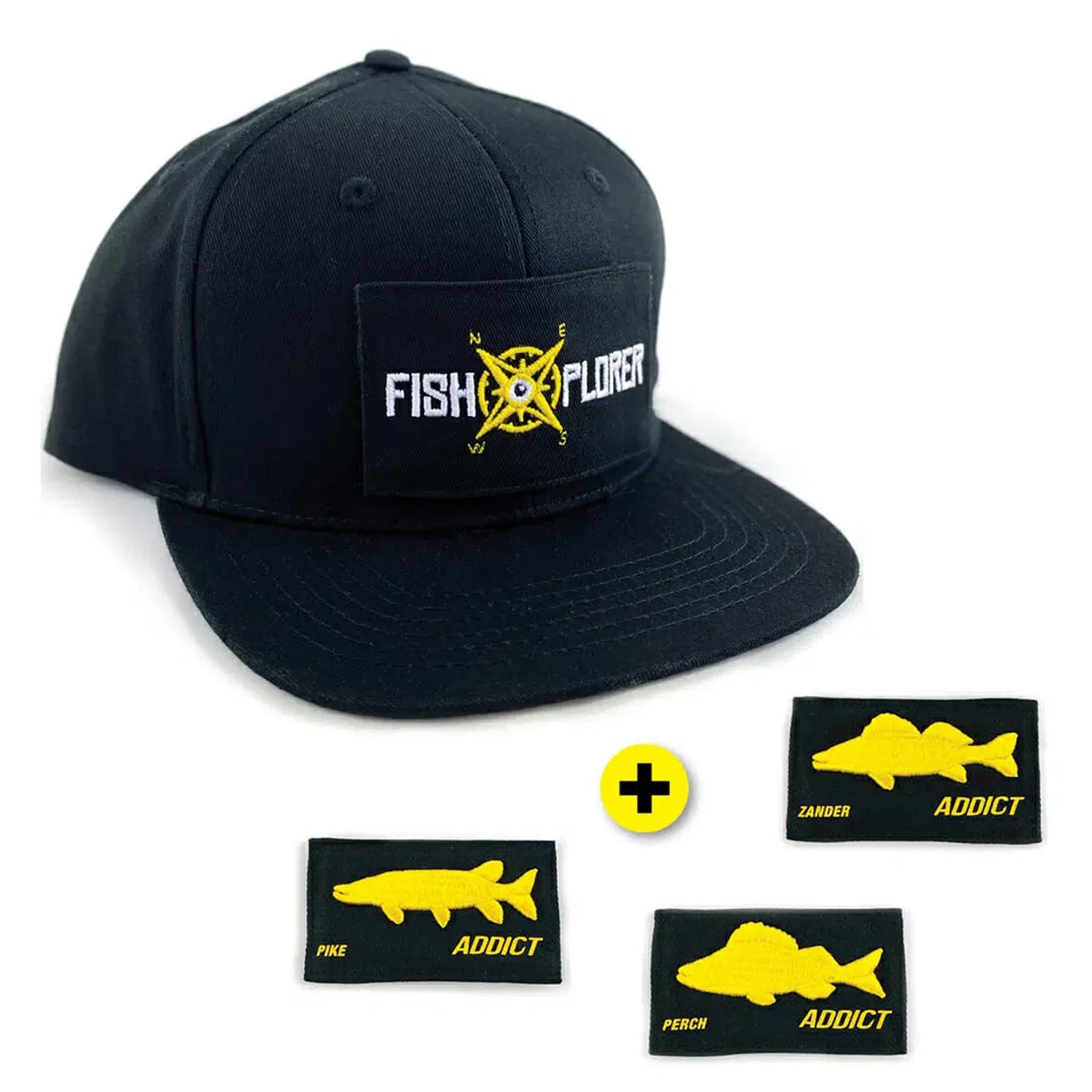 FishXplorer Set-Snapback Cap Wasser- & Uv Resistent Schwarz mit 4 Patches: Fishxplorer, Hecht, Barsch, Zander